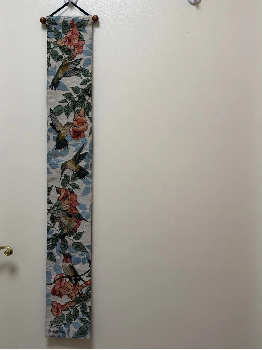 Hummingbird Floral Wall Hanging Tapestry in Blue and Coral